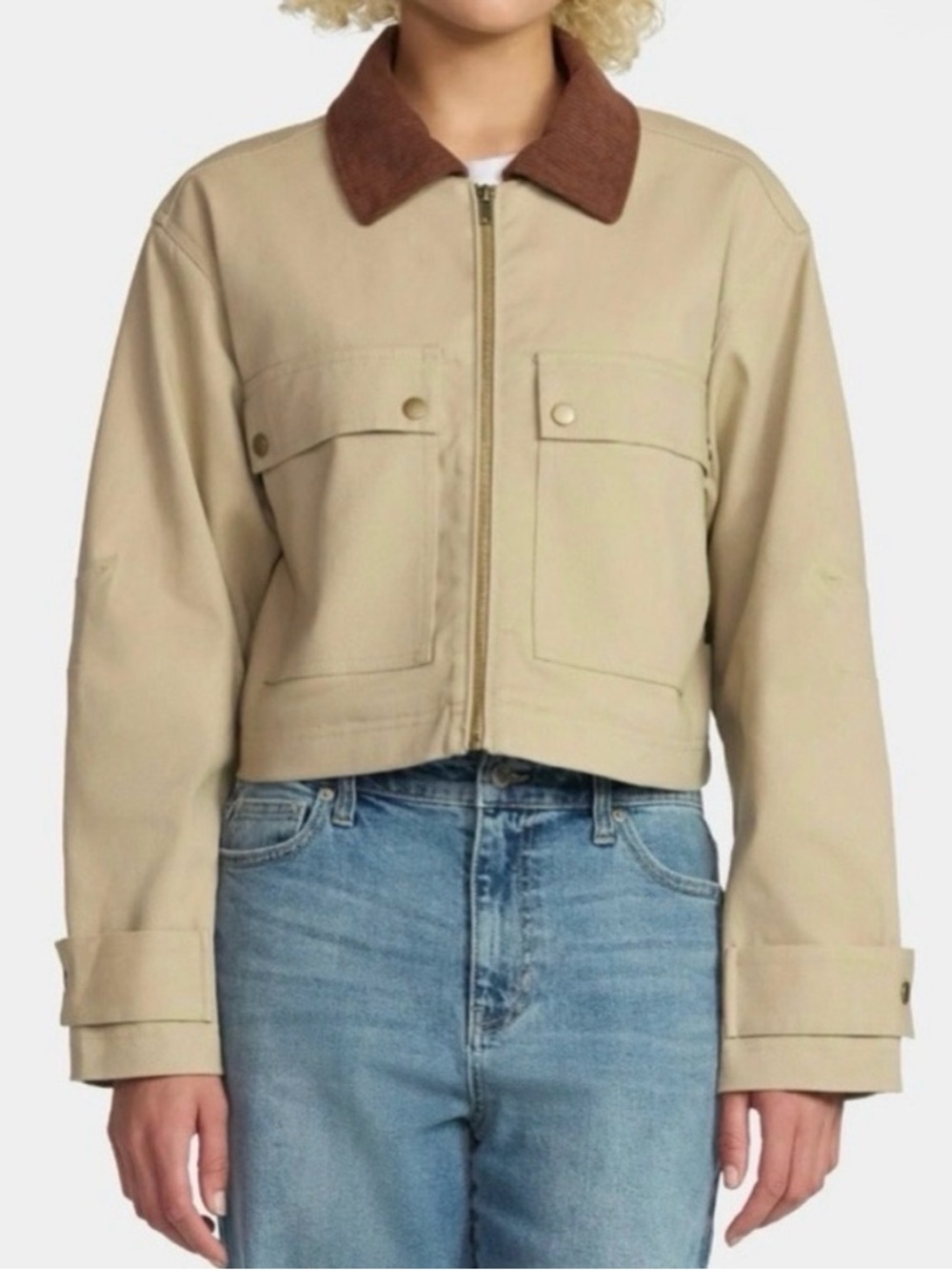 Women's Beige Cropped Jacket with Brown Corduroy Collar